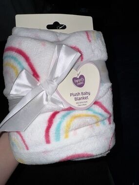 Parent's Choice Plush Baby Blanket - White with Rainbow Print